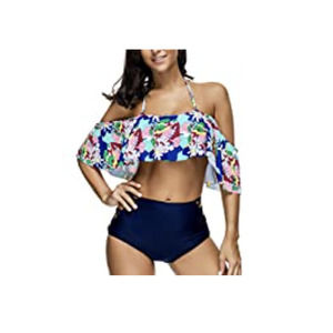 Women Two Piece Off Shoulder Floral Printed Ruffled Flounce Tankini Set Size L